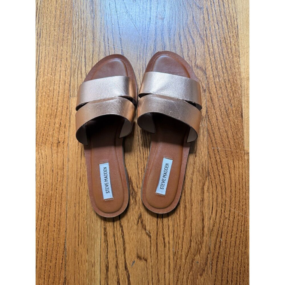 Steve Madden Rose Gold Metallic Double Strap Flat Slide Sandals Women's 10M